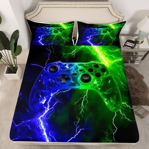 Castle Fairy Gaming Fitted Sheet Twin Size Set Blue Green Lightning