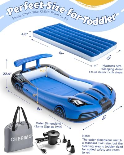 CHERIMOR Inflatable Toddler Travel Bed with Carry Bag and Safety Bumpers