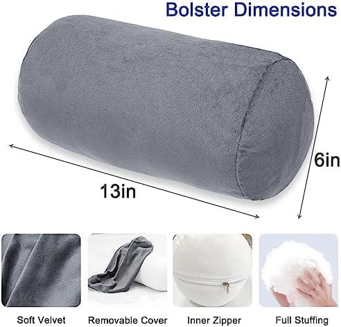 Round Cylinder Bolster Pillow with Removable Velvet Cover Grey
