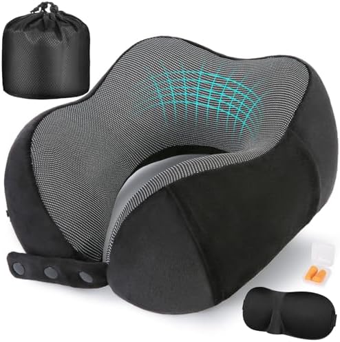 Adjustable Memory Foam Neck Pillow with Eye Mask and Earplugs