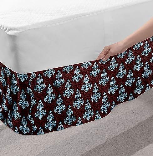 Ambesonne Brown Blue Elastic Bed Skirt with Victorian Foliage Motifs