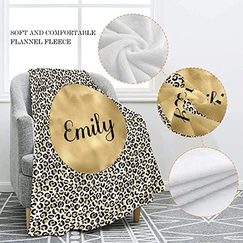 XIUCOO Gold Leopard Print Customized Fleece Throw Blanket with Name 50 x 60