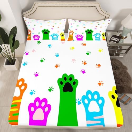 Manfei Colorful Cat Paws Queen Fitted Sheet Set