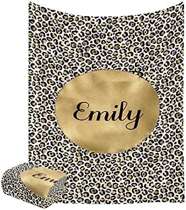 XIUCOO Gold Leopard Print Customized Fleece Throw Blanket with Name 50 x 60