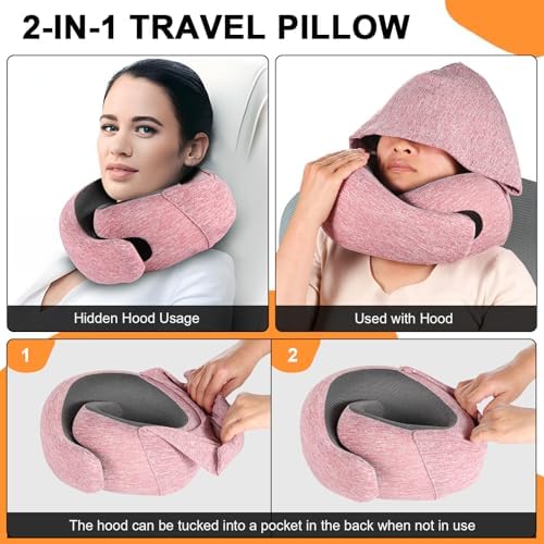 Vzpeun Travel Pillow - Red Hooded Neck Support for Airplane Office Car