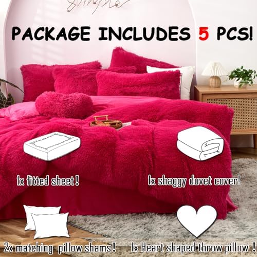 MorroMorn King Size Shag Fluffy Bed Set Bright Pink