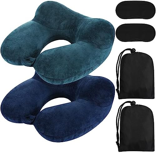 Sintuff 2 Pack Inflatable Neck Travel Pillow with Blindfold and Compact Bag