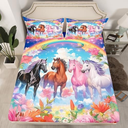 Castle Fairy Horses Fitted Sheet Twin Size with Pillowcase