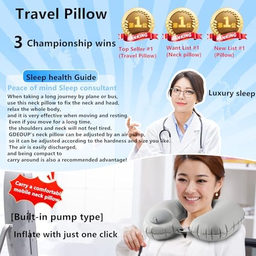 GDEOUP Inflatable Travel Neck Pillow with Pump and Storage Pouch
