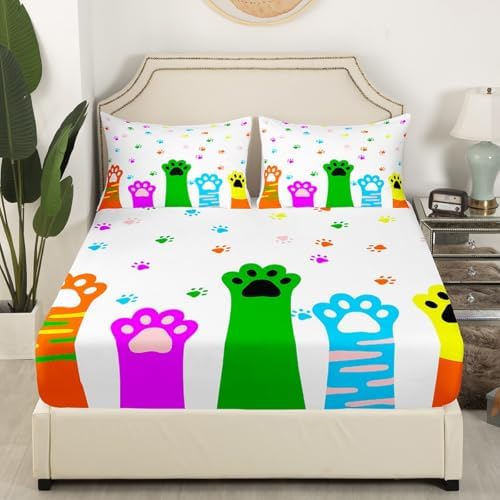 Manfei Colorful Cat Paws Queen Fitted Sheet Set