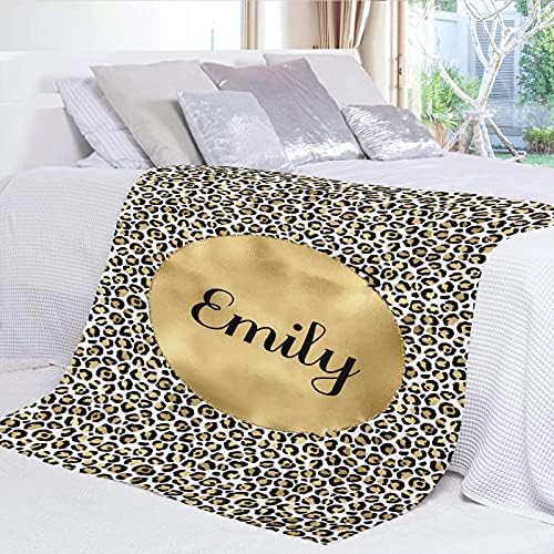 XIUCOO Gold Leopard Print Customized Fleece Throw Blanket with Name 50 x 60