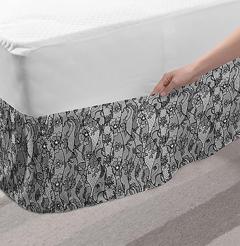 Ambesonne Floral Bed Skirt with Gothic Leaves Pattern Grey Black