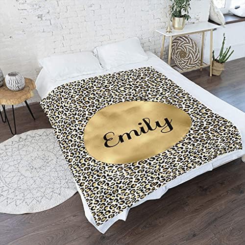 XIUCOO Gold Leopard Print Customized Fleece Throw Blanket with Name 50 x 60
