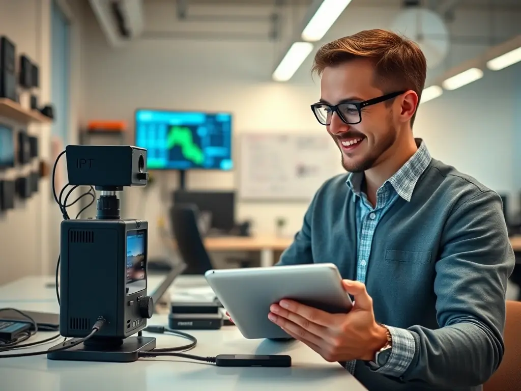 An IoT device connected to a network, with a consultant analyzing the data stream on a tablet.