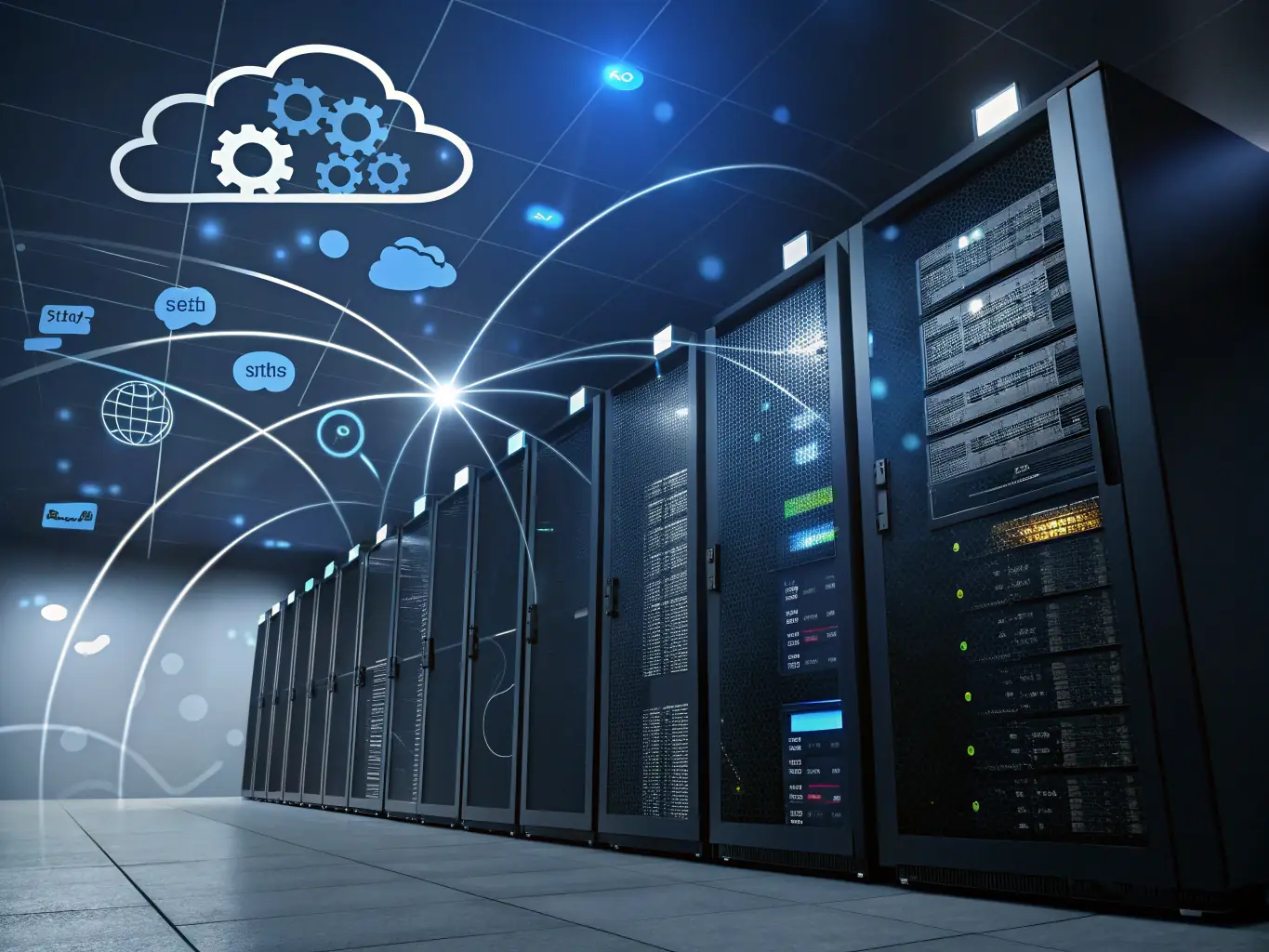 A visually striking image of data flowing through cloud servers, representing the seamless migration of a retail chain's operations to the cloud. The image should evoke feelings of efficiency and scalability.