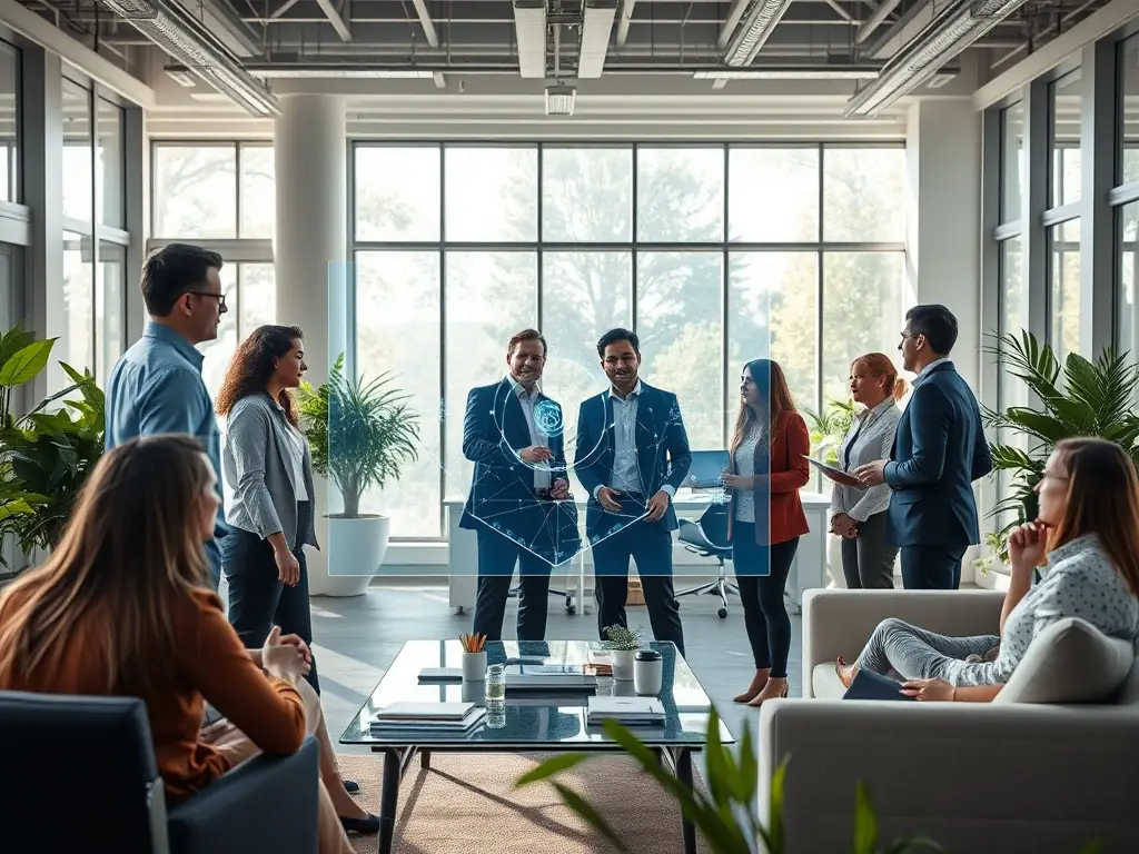 A dynamic image of a modern office space with consultants brainstorming around a holographic display showcasing cloud computing architecture.