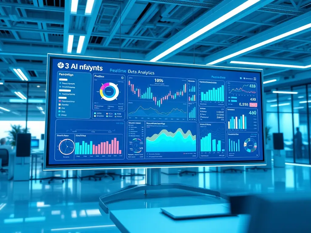 A futuristic image of an AI-powered data analytics dashboard, visualizing complex data insights.