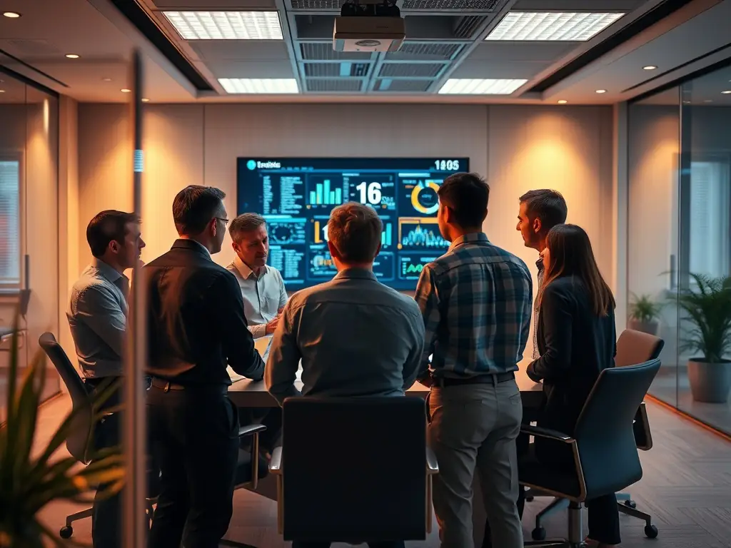 A team of consultants collaborating around a table, discussing cloud computing strategies and solutions.